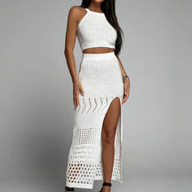 Novo estilo de tricô cor sólida regata textura fenda vestido senhoras praia protetor solar vestido terno oco para fora beachwear cobrir