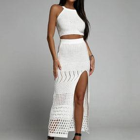 Novo estilo de tricô cor sólida regata textura fenda vestido senhoras praia protetor solar vestido terno oco para fora beachwear cobrir