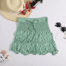 Feito à mão crochê oco para fora roupa de banho cobrir cor sólida cordão saia curta feminina férias tricô doce beachwear