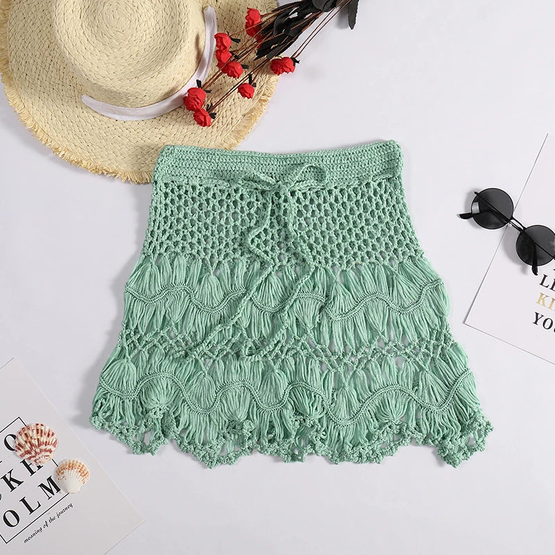 Feito à mão crochê oco para fora roupa de banho cobrir cor sólida cordão saia curta feminina férias tricô doce beachwear
