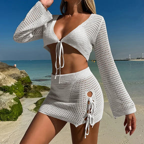 Novo estilo de manga longa amarrar topo saia fina conjunto tricô oco para fora beachwear cover-ups verão férias praia protetor solar blusa