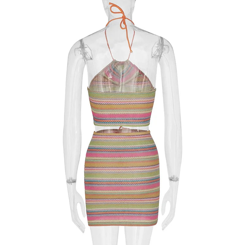 Moda feminina americana impressão halter ins pequeno colete saco hip saia terno sexy cor halter terno à beira-mar férias wear