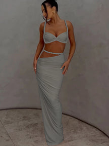 Beyprern fazendo desejos saia conjunto feminino ruched vestido de duas peças verão laranja bandagem maxi saia conjunto roupas de férias clubwear