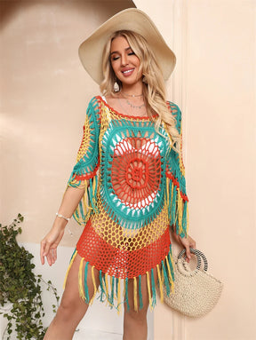 H80 & s90 novo multi crochê bikini cobrir com franja guarnição superior feminino sexy oco túnica praia vestido de verão maiô