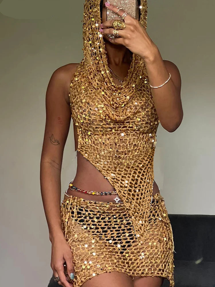 Estranho gato lantejoulas feminino 2 peças conjunto sexy ver através irregular sem costas com capuz regatas + pêssego hip saias meia-noite clubwear terno