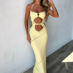 Vestido longo de malha sem mangas feminino, Monocromático, Frente do cabeçada, Costas recortadas, Gravata, Fino, Casual, Praia, Verão
