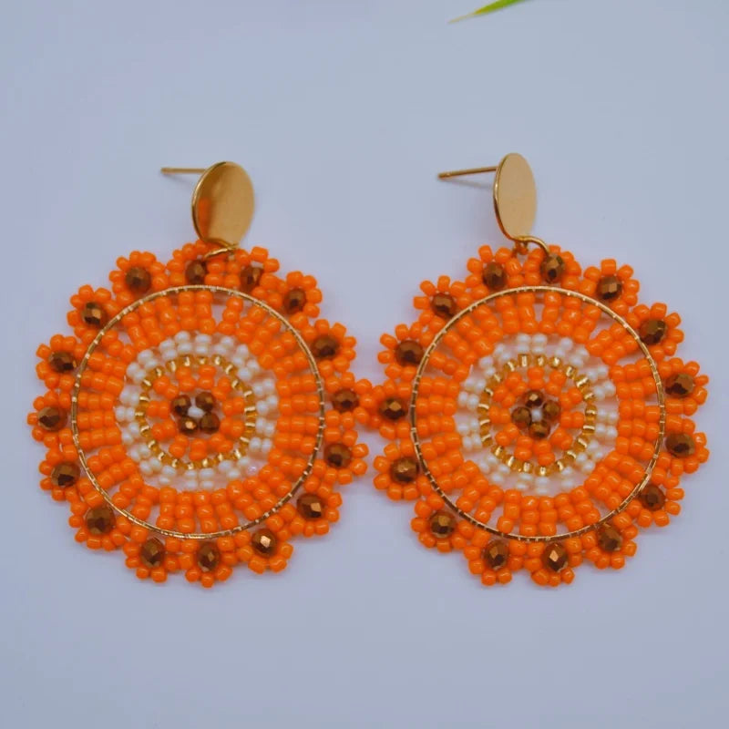 Brincos de contas redondos laranja girassol individualidade bohemia oco moda mão tricô simples arroz grânulo brincos