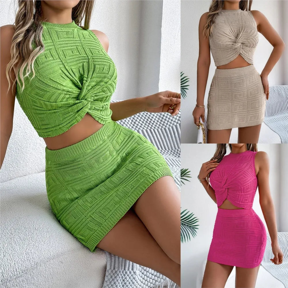Casual atado colheita superior corpo-abraçando vestido de malha terno roupas femininas