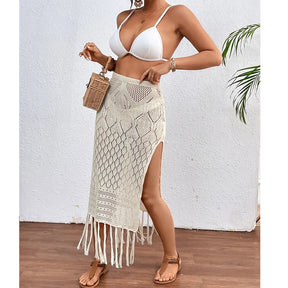 Saia sarong de malha para mulheres, fenda alta, encobrimento de borla, biquíni sexy, praia, férias, verão