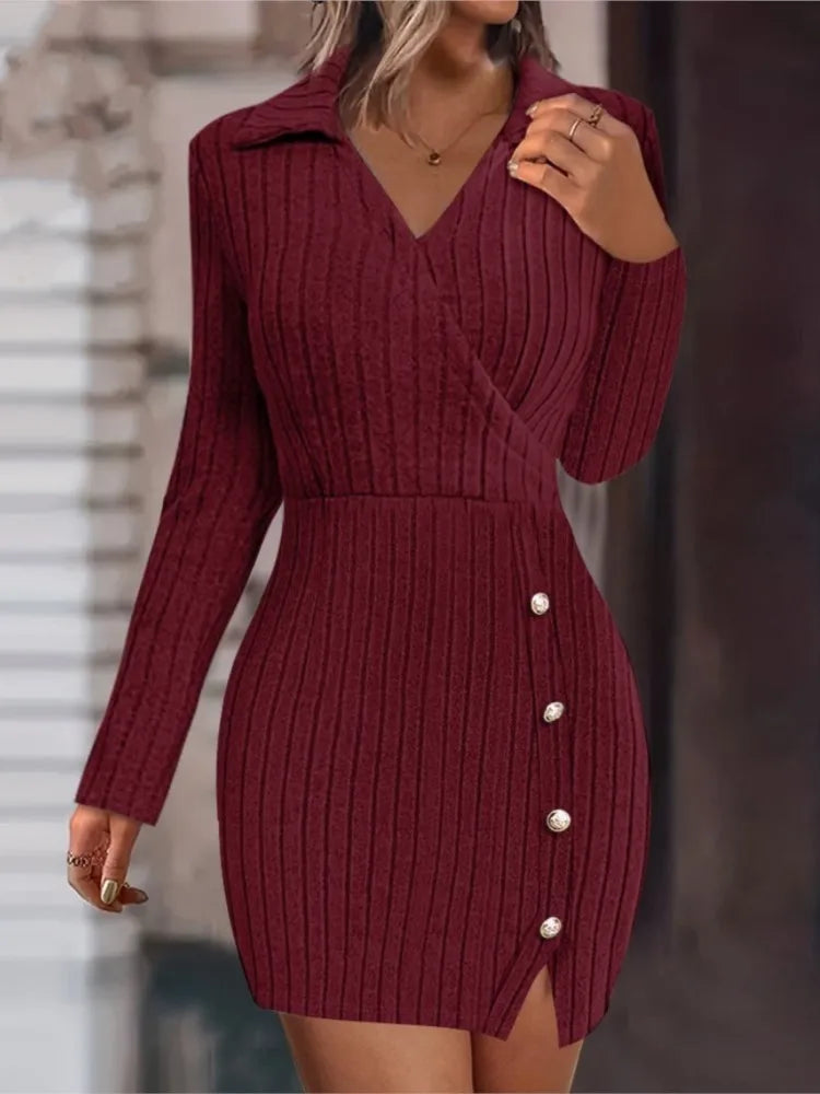 Mini vestido de malha com decote em v feminino, botão, encaixe apertado, abraço do quadril, vestidos de manga comprida, monocromático, fino, sexy, outono, inverno, novo