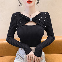 Elegante outono inverno suéteres femininos pullovers moda coreana y2k roupas com decote em v arco sólido bordado manga longa malha topos