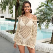 Feminino crochê malha praia cover-up manga longa boho túnica maiô cover-up leve verão banho sheer topo