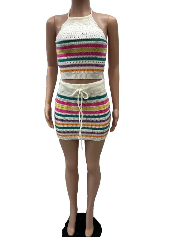 Beyprern elegante listrado malha conjunto de duas peças feminino halter rendas colheita superior + shorts combinando conjunto praia maiôs 2 peça conjunto