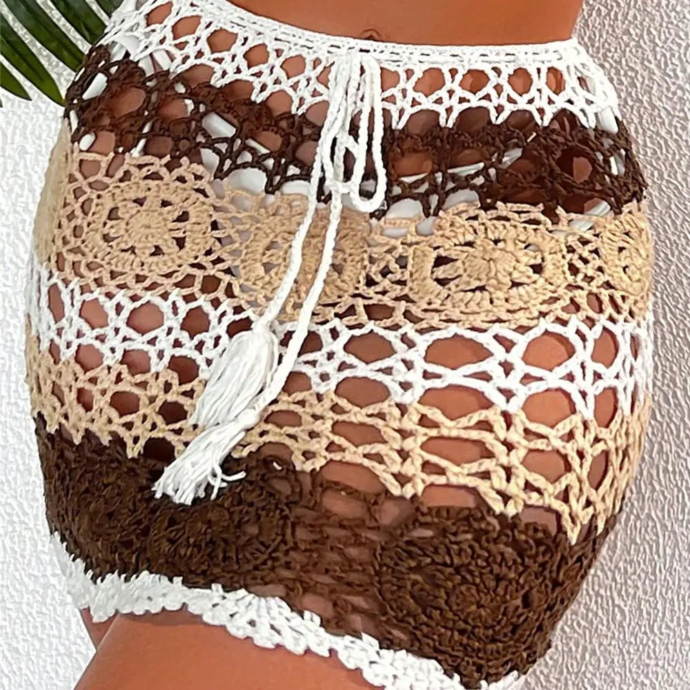 Colorido Crochet Knit Mini Bikini para Mulheres, Sexy Swimsuit, Swimwear Feminino, Fato De Banho, Saia De Banho, Banhista, 2 Pcs Set