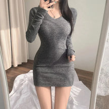 Coreano primavera 2025 com decote em v com nervuras bodycon saia apertada emagrecimento vestido de manga longa moda feminina mini vestido comprimento de manga cheia