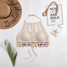 Estilo étnico boêmio Sexy malha Backless Curto Top feminino, Leve Crochet Hem Halter Bras, Escavar o Bustier, Crochê