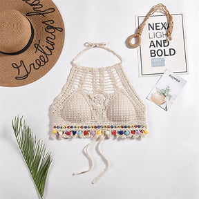 Estilo étnico boêmio Sexy malha Backless Curto Top feminino, Leve Crochet Hem Halter Bras, Escavar o Bustier, Crochê