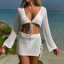 Novo estilo de manga longa amarrar topo saia fina conjunto tricô oco para fora beachwear cover-ups verão férias praia protetor solar blusa
