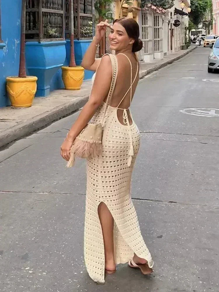Sexy malha cortar borla cinta de espaguete bodycon praia maxi vestido de verão feminino férias clube festa roupa maiô cobrir k10