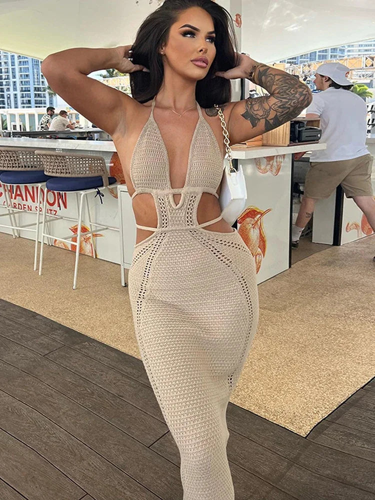 Bwq malha rendas até halter midi vestido feminino bodycon sexy streetwear festa clube outfits praia crochê vestido longo outono inverno