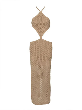 Sexy sem costas vestido de malha corte cintura halter pescoço cinta vestido fino 2025 verão feminino festa noite vestidos de férias k74