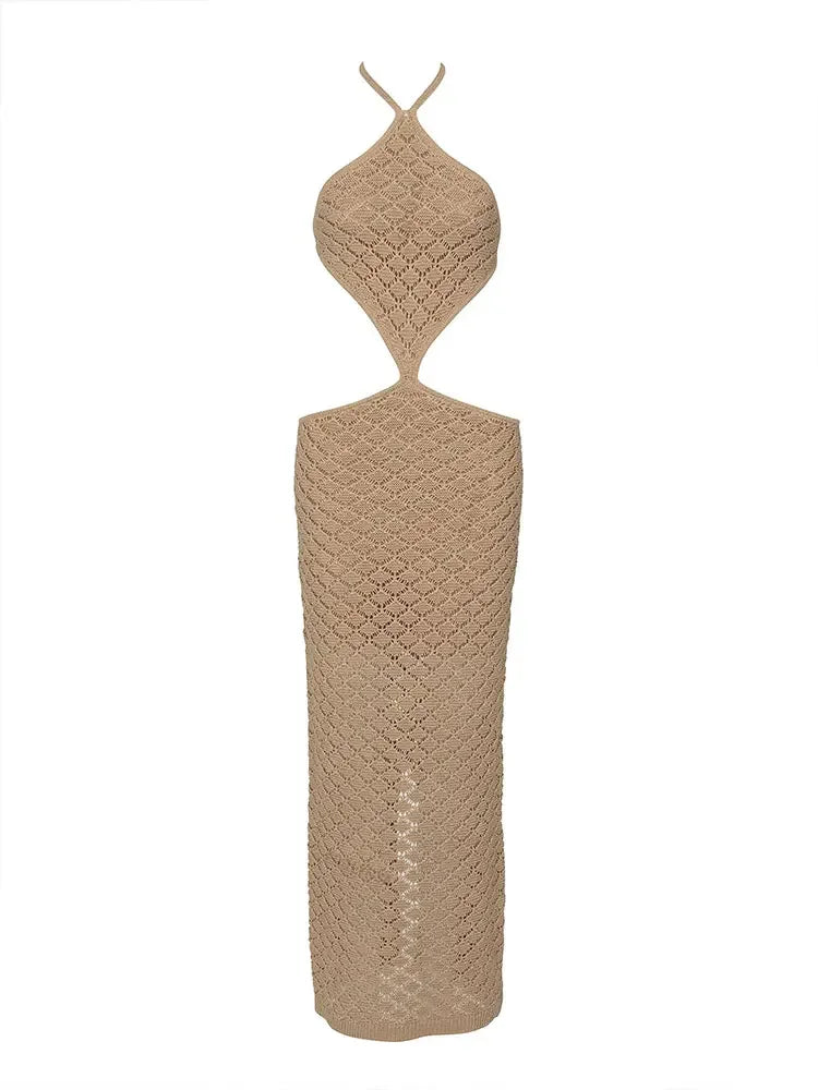 Sexy sem costas vestido de malha corte cintura halter pescoço cinta vestido fino 2025 verão feminino festa noite vestidos de férias k74