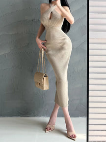 Feminino sexy cross-back halter forma-encaixe vestido estilo europeu oco para fora bodycon vestido 2025 verão feminino vestido de malha