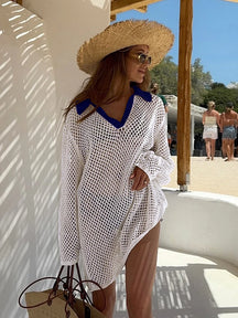 Cor sólida praia malha mini vestido feminino verão sexy oco para fora manga longa maiô cobrir boho férias solto beachwear k17