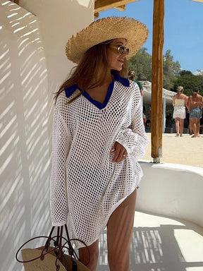 Cor sólida praia malha mini vestido feminino verão sexy oco para fora manga longa maiô cobrir boho férias solto beachwear k17