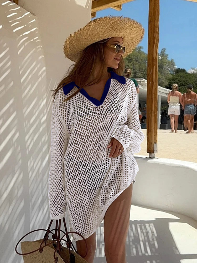 Cor sólida praia malha mini vestido feminino verão sexy oco para fora manga longa maiô cobrir boho férias solto beachwear k17