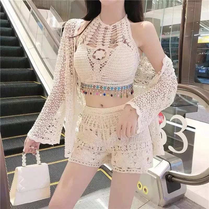 Verão 3 peças conjuntos senhora boêmio rendas crochê conjunto camis shorts capa superior camisas conjuntos allure praia férias conjuntos femininos