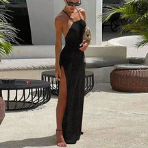 Para praia malha cobrir vestido de praia sexy ver através de fenda bodycon vestido de verão biquinis cover-ups elegante halter beachdress
