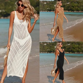 Suéter de malha feminino verão praia maxi vestido senhora sexy decote em u oco malha pulôver ver através casual vestidos de estilingue fino