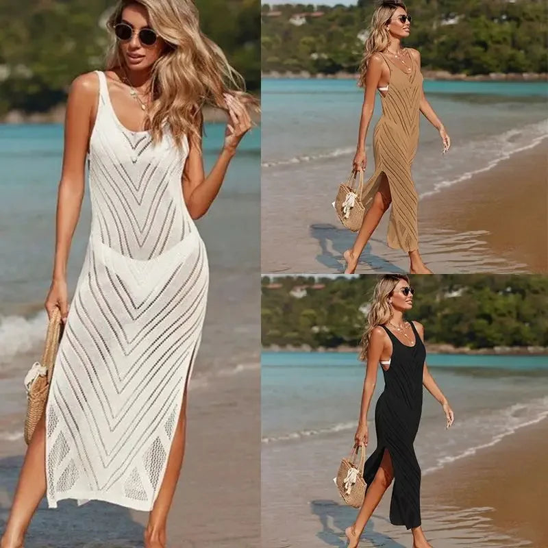 Suéter de malha feminino verão praia maxi vestido senhora sexy decote em u oco malha pulôver ver através casual vestidos de estilingue fino