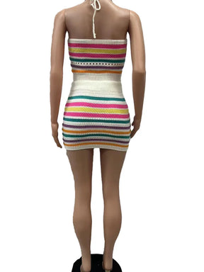 Beyprern elegante listrado malha conjunto de duas peças feminino halter rendas colheita superior + shorts combinando conjunto praia maiôs 2 peça conjunto