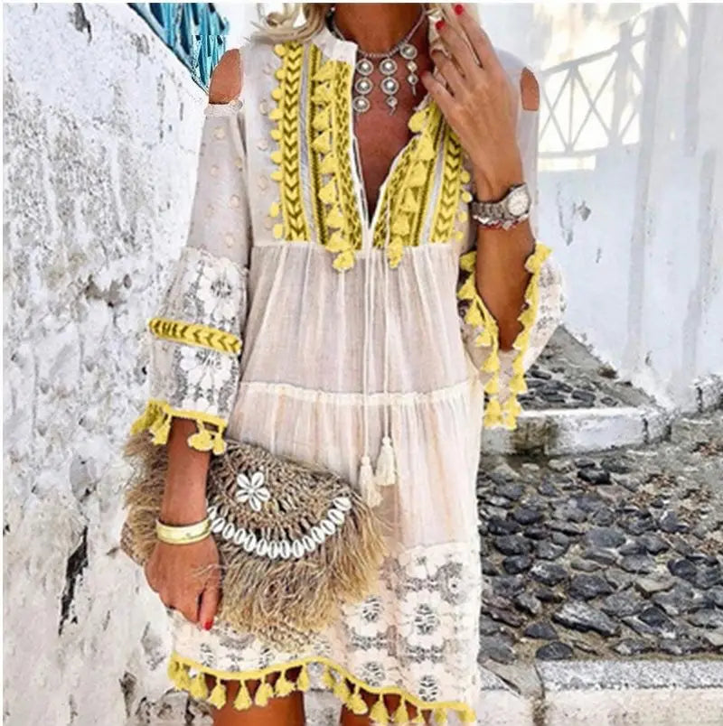 Nova primavera bordado crochê renda boho vestido feminino elegante fora do ombro borla plissado mini vestido de verão com decote em v senhora vestido de praia