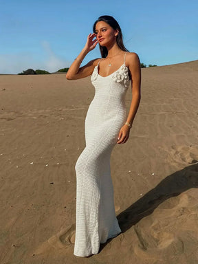 Branco malha cortar cinta de espaguete flor vestido longo sexy decote em v bodycon praia maxi vestido 2025 verão feminino férias outfit k79