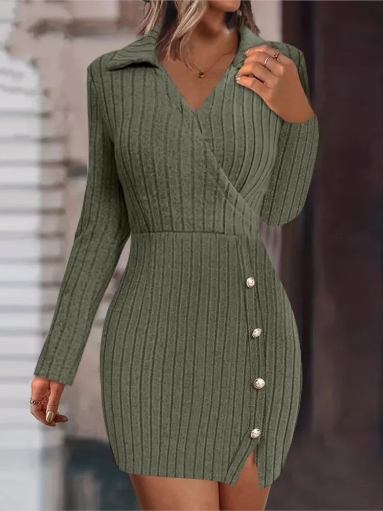 Mini vestido de malha com decote em v feminino, botão, encaixe apertado, abraço do quadril, vestidos de manga comprida, monocromático, fino, sexy, outono, inverno, novo