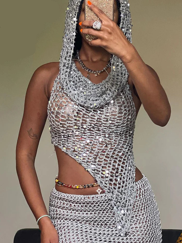 Estranho gato lantejoulas feminino 2 peças conjunto sexy ver através irregular sem costas com capuz regatas + pêssego hip saias meia-noite clubwear terno