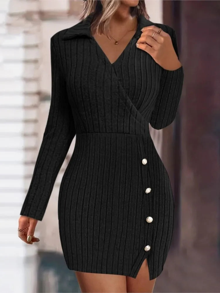 Mini vestido de malha com decote em v feminino, botão, encaixe apertado, abraço do quadril, vestidos de manga comprida, monocromático, fino, sexy, outono, inverno, novo