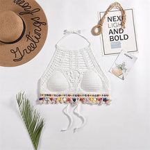 Estilo étnico boêmio Sexy malha Backless Curto Top feminino, Leve Crochet Hem Halter Bras, Escavar o Bustier, Crochê