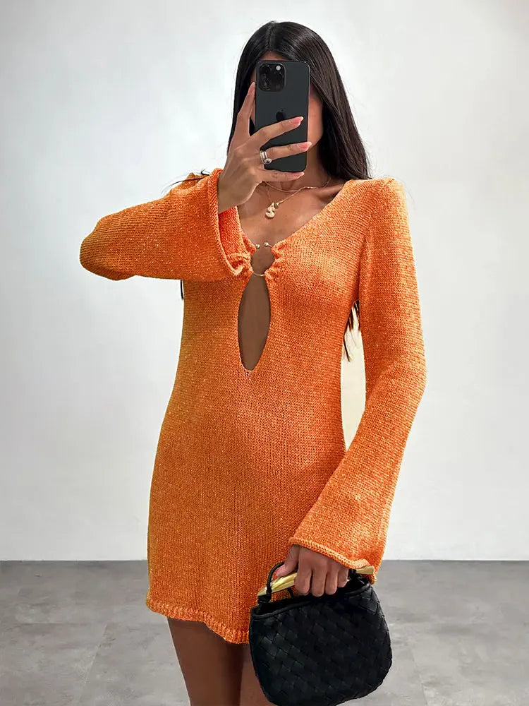 Sexy manga larga magro vestido de malha 2024 outono/inverno feminino elegante com decote em v vestidos curtos a2917