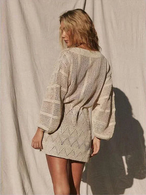 Sexy profundo decote em v rendas manga sino malha oco para fora praia mini vestido 2025 verão maiô cobrir feminino casual túnica k14