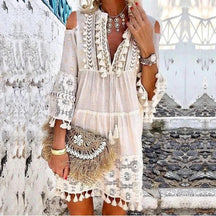 Nova primavera bordado crochê renda boho vestido feminino elegante fora do ombro borla plissado mini vestido de verão com decote em v senhora vestido de praia