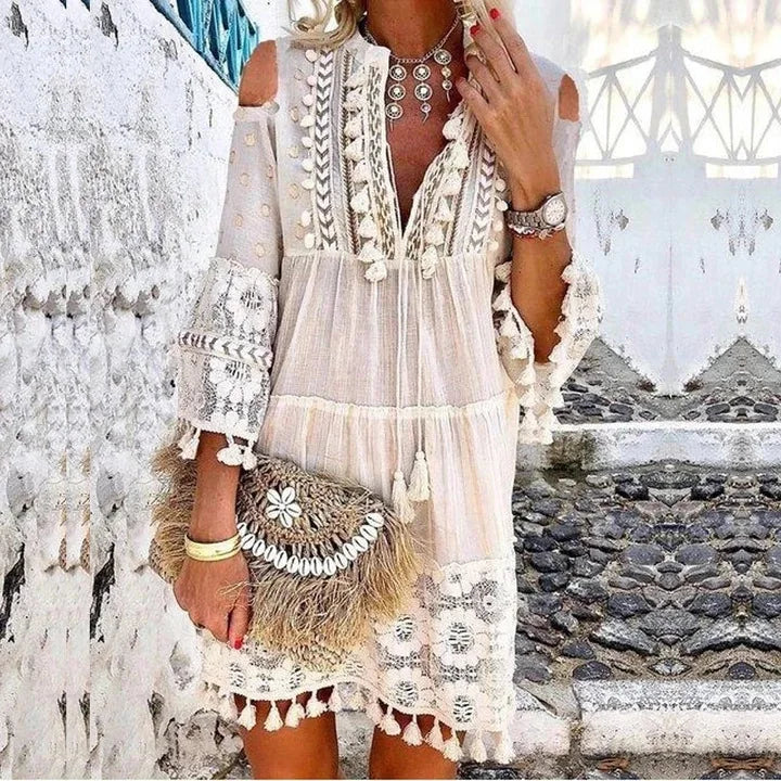 Nova primavera bordado crochê renda boho vestido feminino elegante fora do ombro borla plissado mini vestido de verão com decote em v senhora vestido de praia