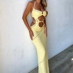 Vestido longo de malha sem mangas feminino, Monocromático, Frente do cabeçada, Costas recortadas, Gravata, Fino, Casual, Praia, Verão