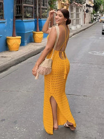 Sexy malha cortar borla cinta de espaguete bodycon praia maxi vestido de verão feminino férias clube festa roupa maiô cobrir k10