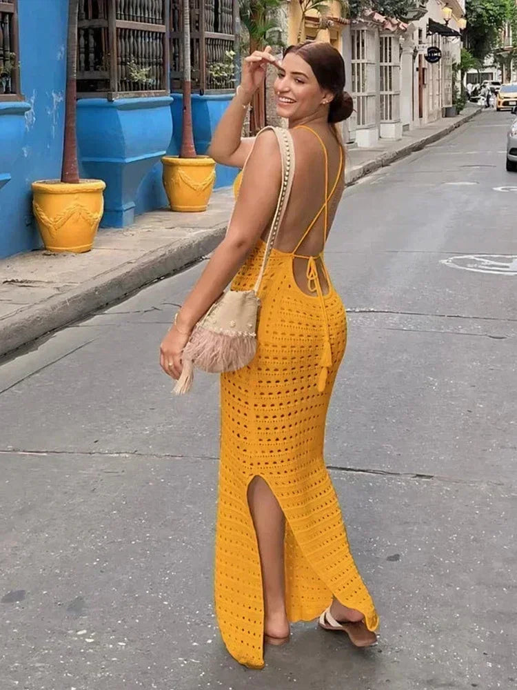 Sexy malha cortar borla cinta de espaguete bodycon praia maxi vestido de verão feminino férias clube festa roupa maiô cobrir k10