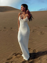 Branco malha cortar cinta de espaguete flor vestido longo sexy decote em v bodycon praia maxi vestido 2025 verão feminino férias outfit k79