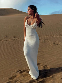 Branco malha cortar cinta de espaguete flor vestido longo sexy decote em v bodycon praia maxi vestido 2025 verão feminino férias outfit k79